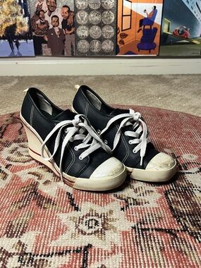 Steve Madden Black Lace-Up Sneaker Wedges with Cream Accents